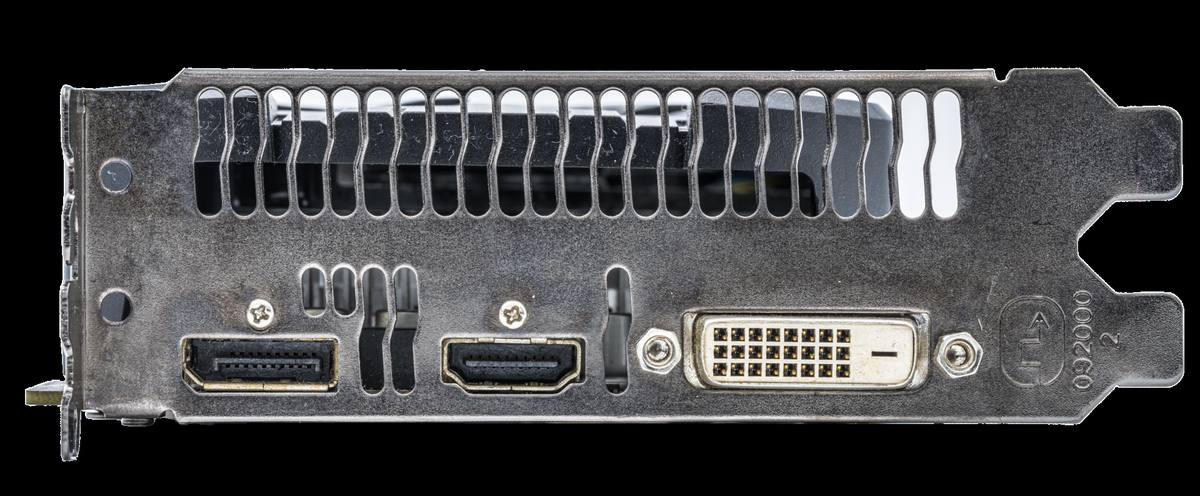 Krycí plech grafické karty se třemi konektory: DisplayPort, HDMI a DVI-D