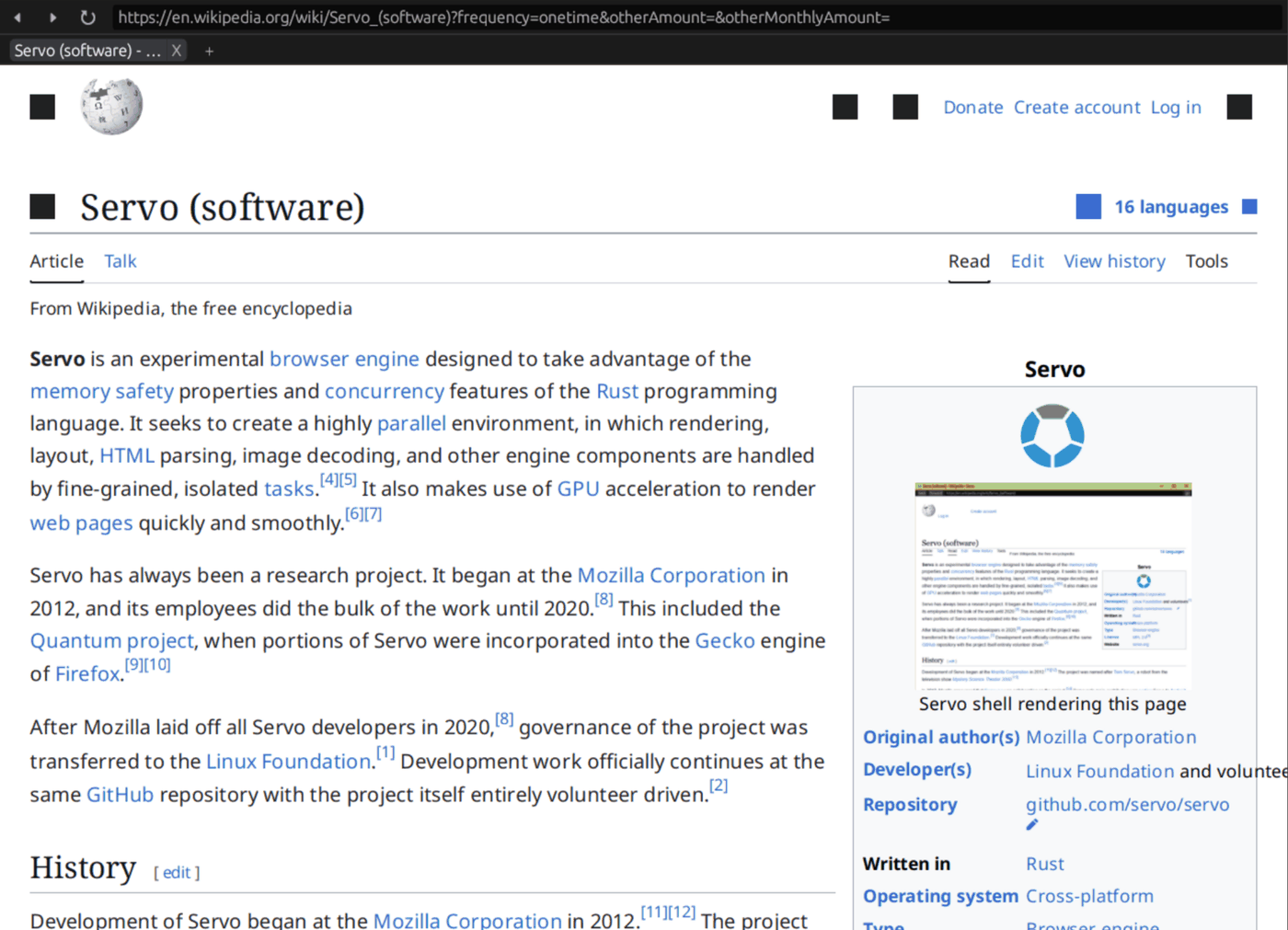 Stránka anglické Wikipedie o Servu vykreslená v prohlížeči servoshell