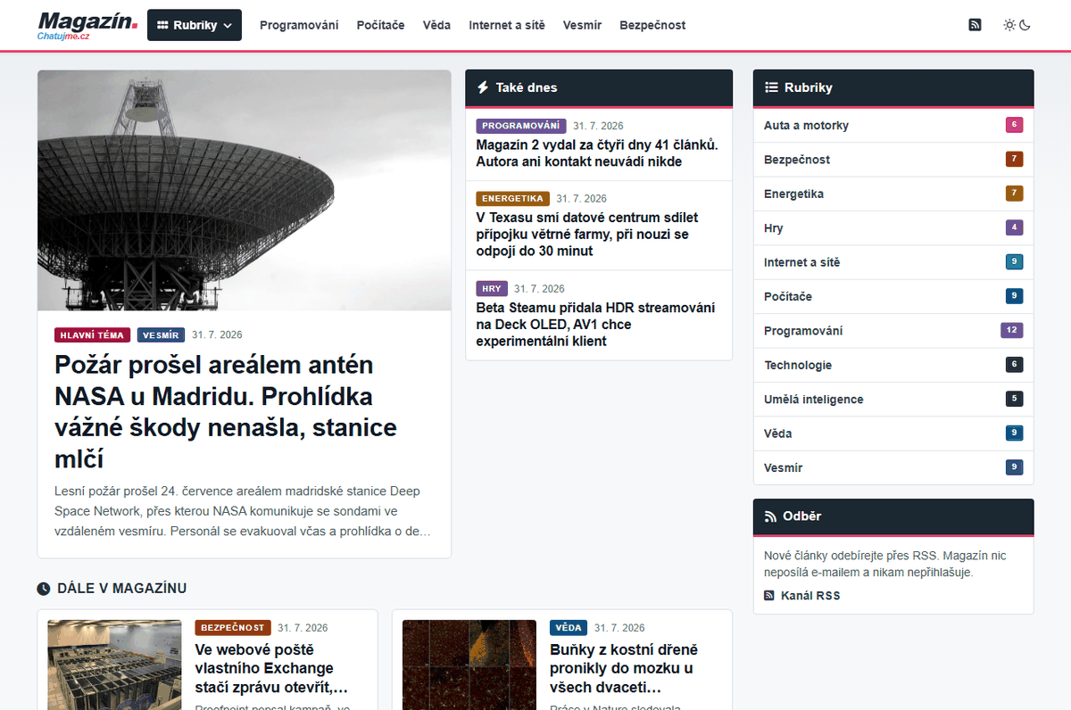 Úvodní strana webu Magazín s vedoucím článkem, blokem Také dnes a panelem rubrik s počty